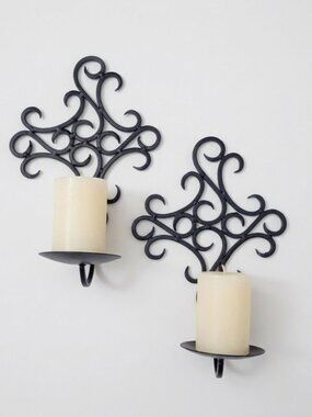 Pair of Vintage Wrought Iron Pillar Candle Holders Wall Sconces Black Scroll Set